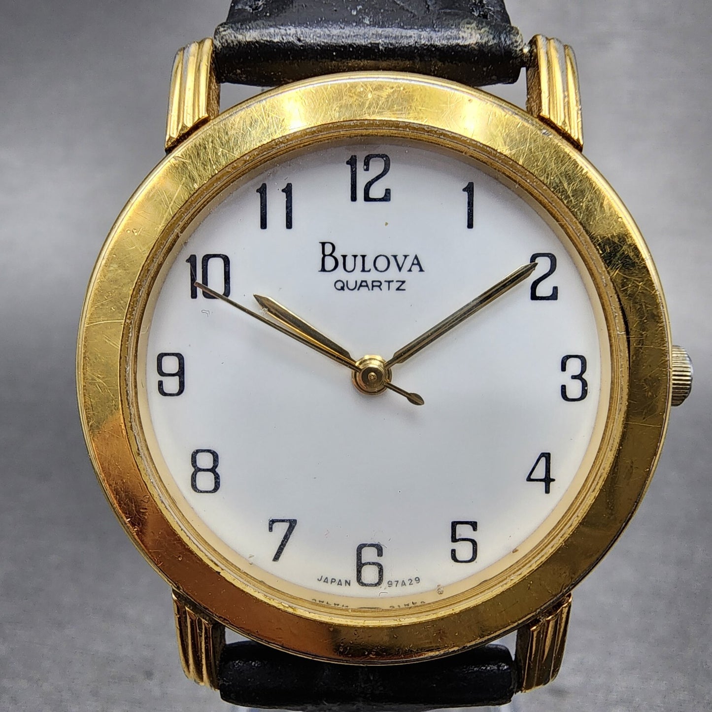 Bulova Watch Men 33mm White Dial Gold Tone Round 97A29 Leather Band New Battery1