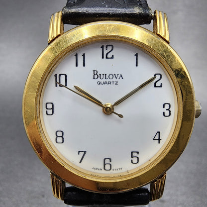 Bulova Watch Men 33mm White Dial Gold Tone Round 97A29 Leather Band New Battery1