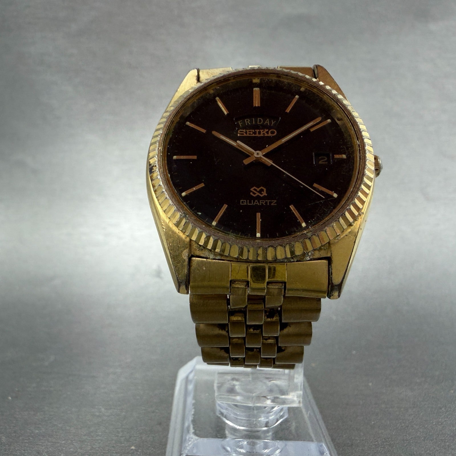 Seiko SQ President Watch Men 36mm Black Dial Gold Tone Daydate 5Y23-8A69 PARTS6