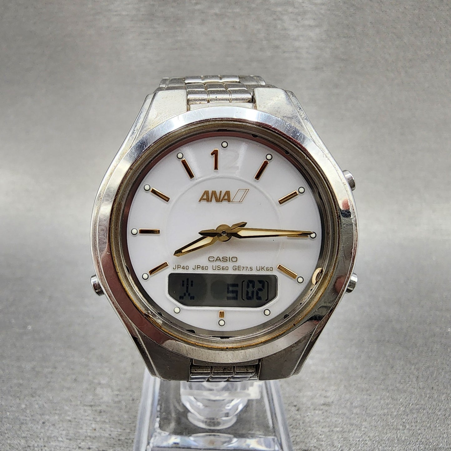 Casio ANA LCWM200 Watch Men 38mm White Dial Steel Analog Digital Solar Runs0