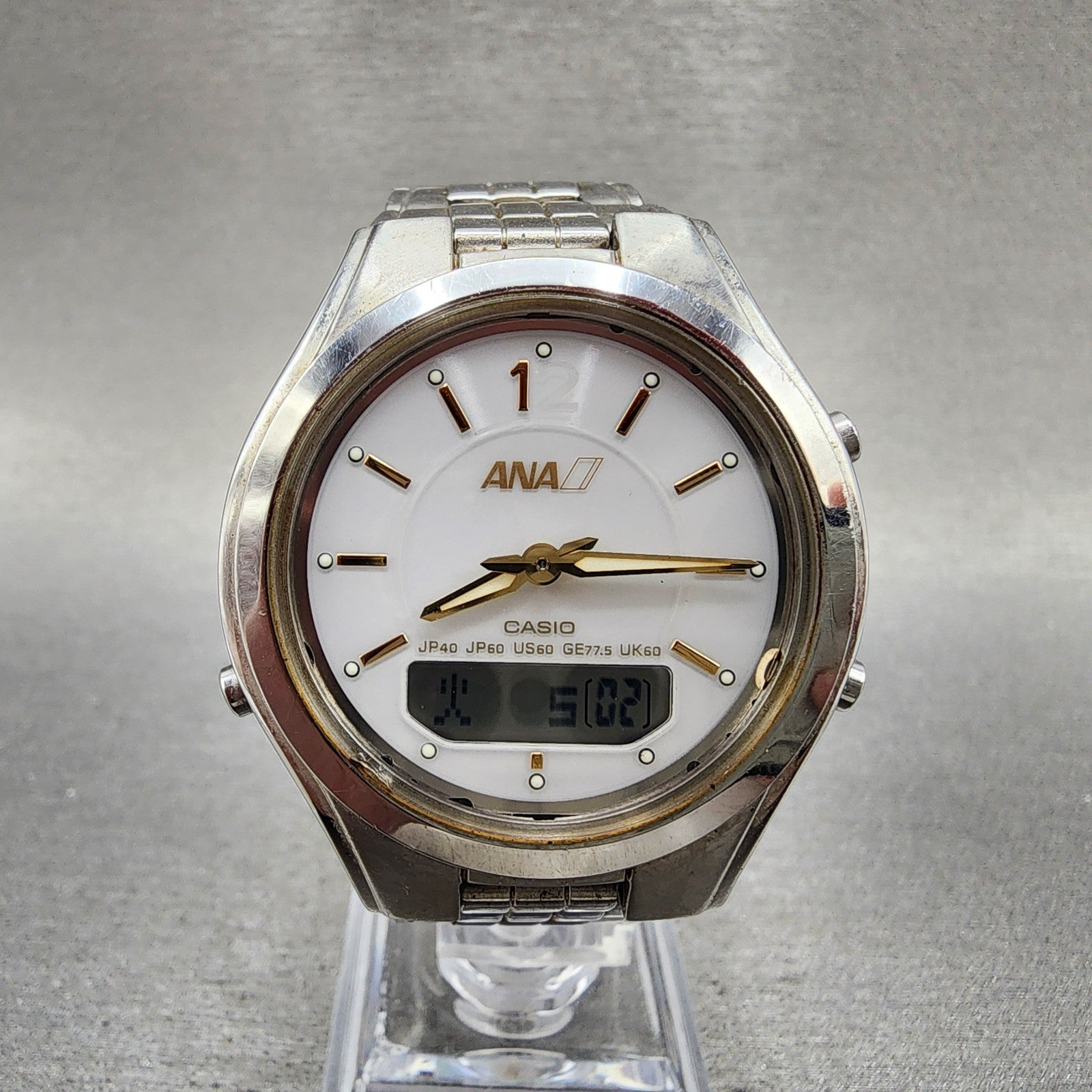 Casio ANA LCWM200 Watch Men 38mm White Dial Steel Analog Digital Solar Runs0