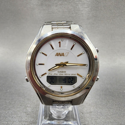 Casio ANA LCWM200 Watch Men 38mm White Dial Steel Analog Digital Solar Runs0
