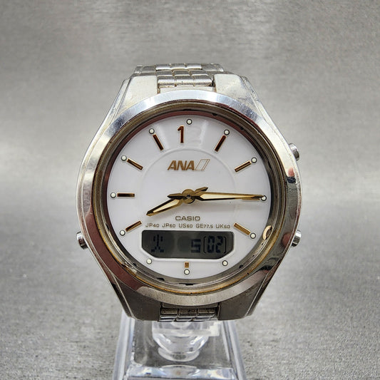 Casio ANA LCWM200 Watch Men 38mm White Dial Steel Analog Digital Solar Runs0