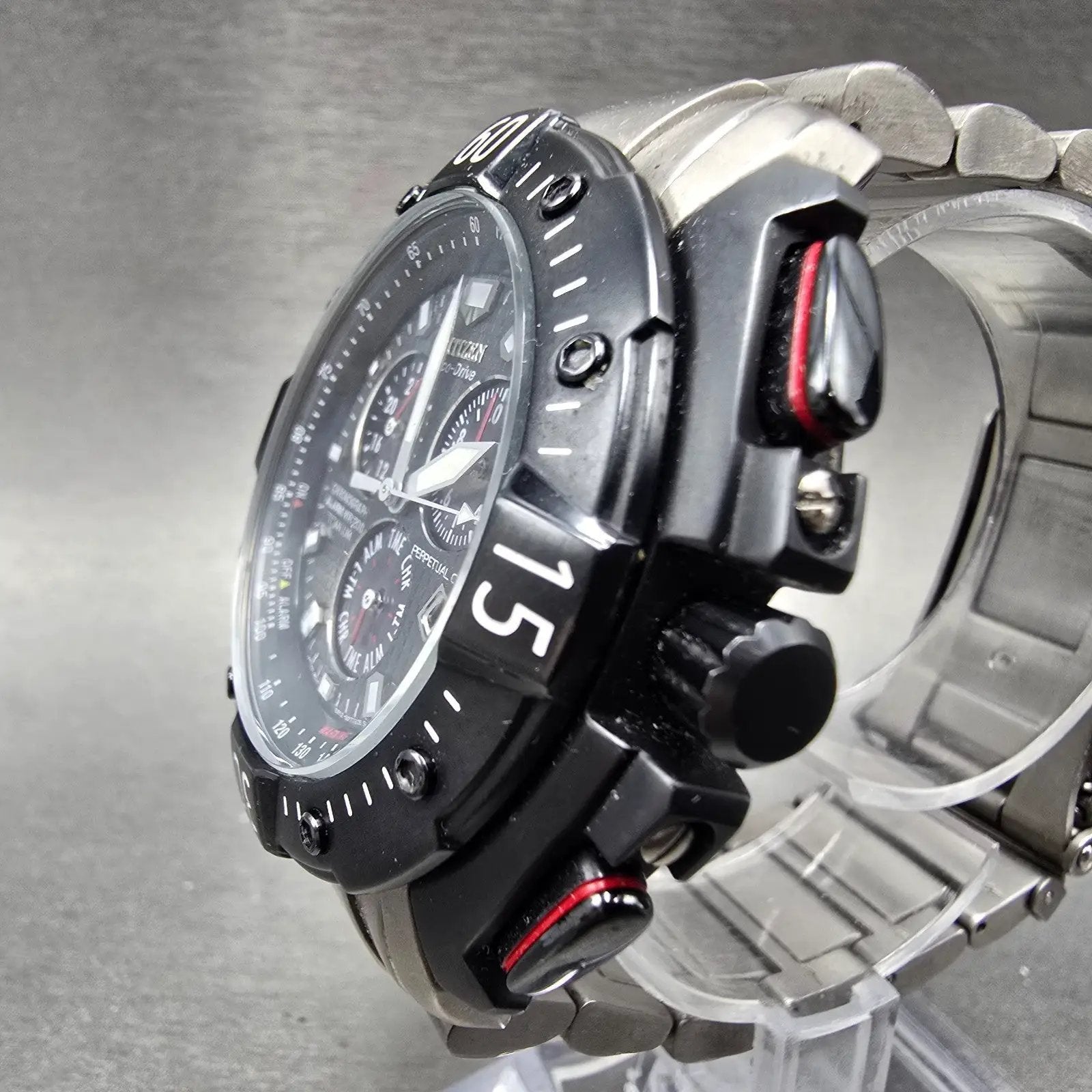 Citizen Eco-Drive Chronograph Watch Men 49mm Black Dial Titanium Date E812 Works2