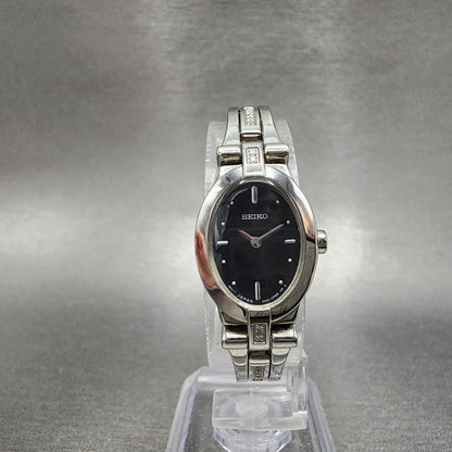Seiko Watch Women 17mm Black Dial Silver Tone Diamond Accents 1N000KG0 New Batt5