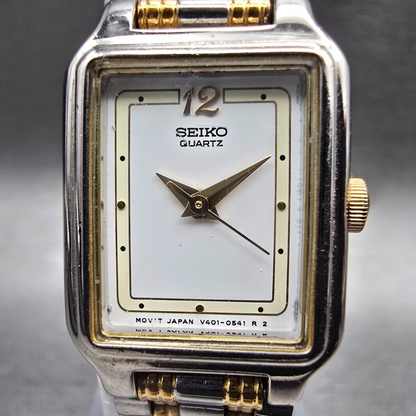 Seiko Tank Watch Women 17mm White Dial Two Tone Rectangle V401-5129 New Battery1