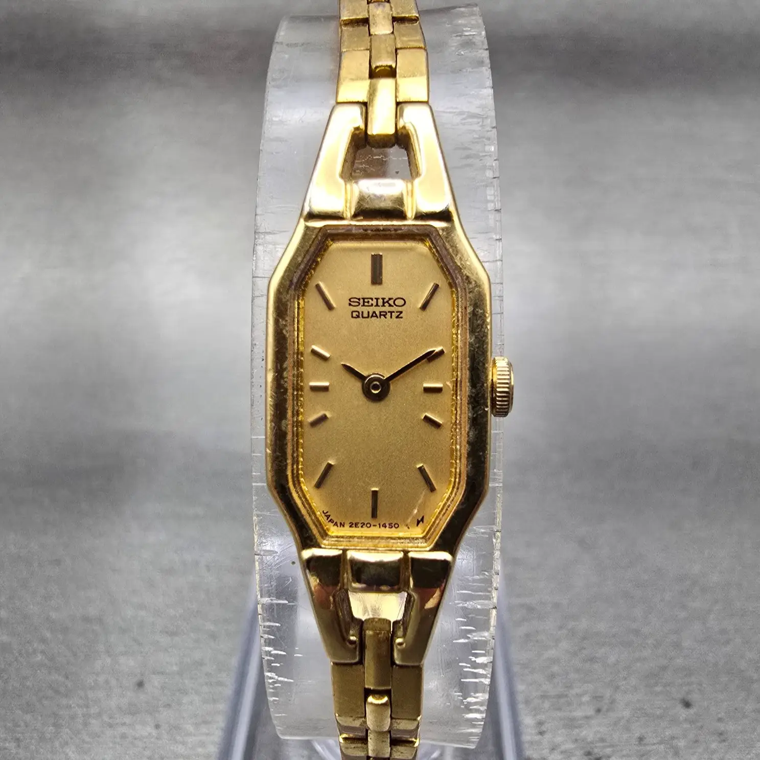 Seiko Watch Women 12mm Gold Dial Gold Tone Rectangle 2E20-6179 New Battery VTG0