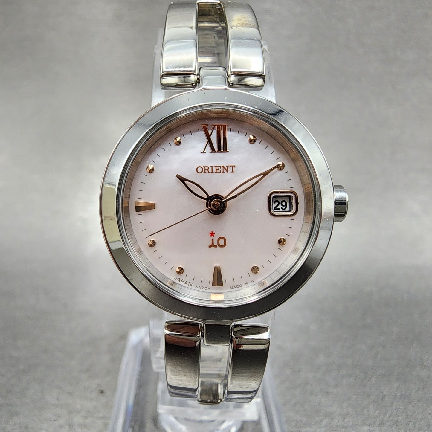 Orient IO Solar Watch Women 24mm MOP Dial Silver Tone Date Round KN70UAA0 Runs1
