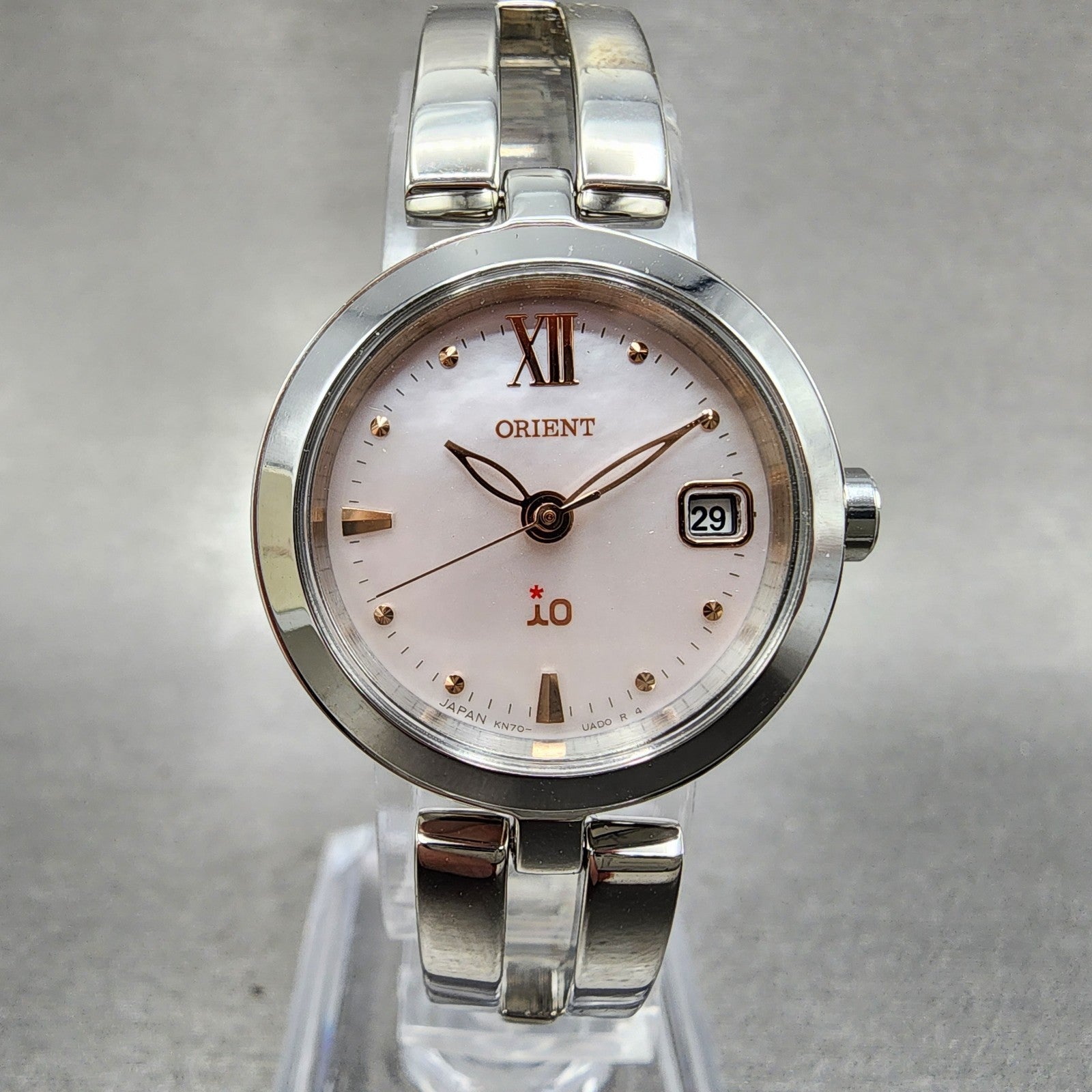 Orient IO Solar Watch Women 24mm MOP Dial Silver Tone Date Round KN70UAA0 Runs1