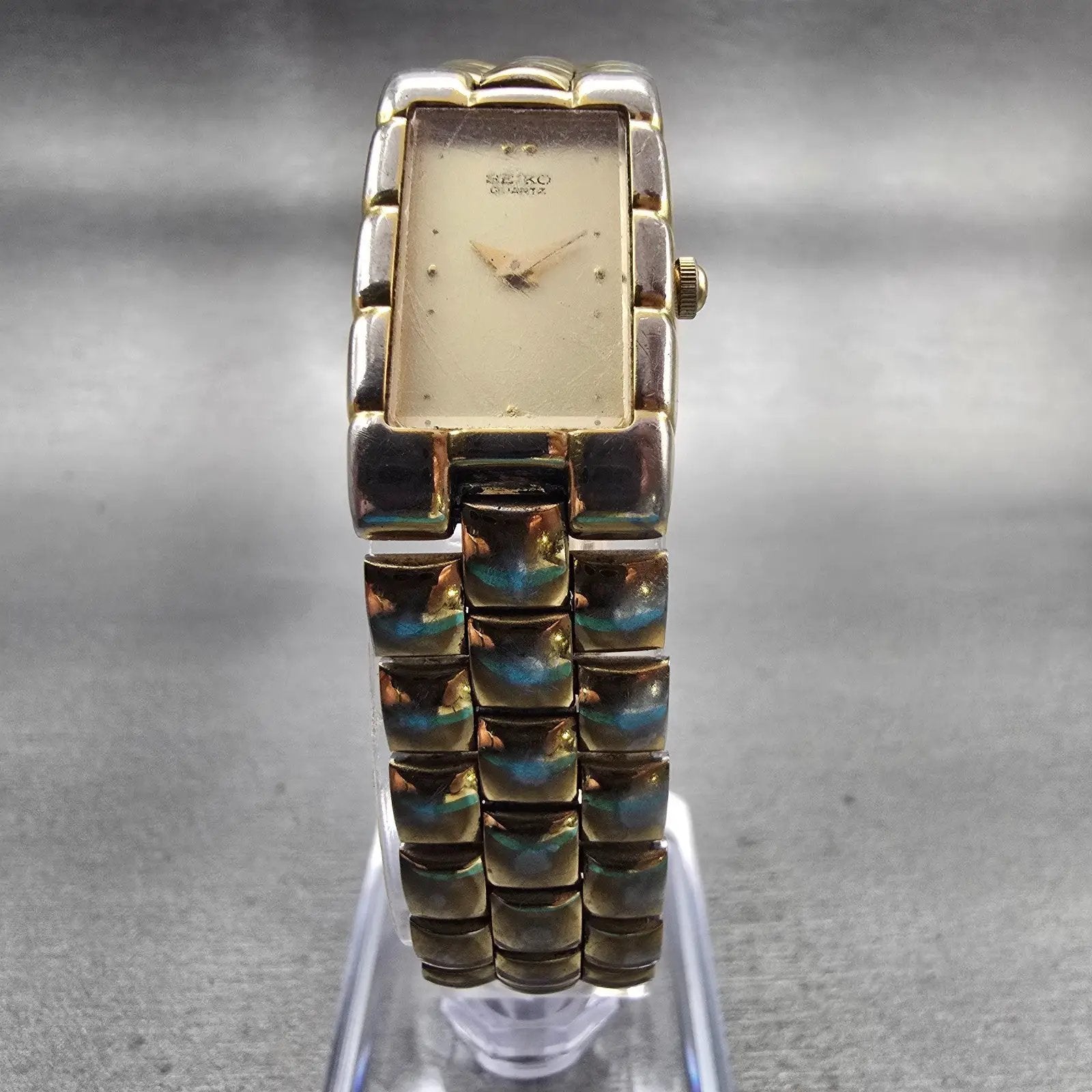 Seiko Watch Women 16mm Champagne Dial Gold Tone Rectangle 1N00-5G09 New Battery5