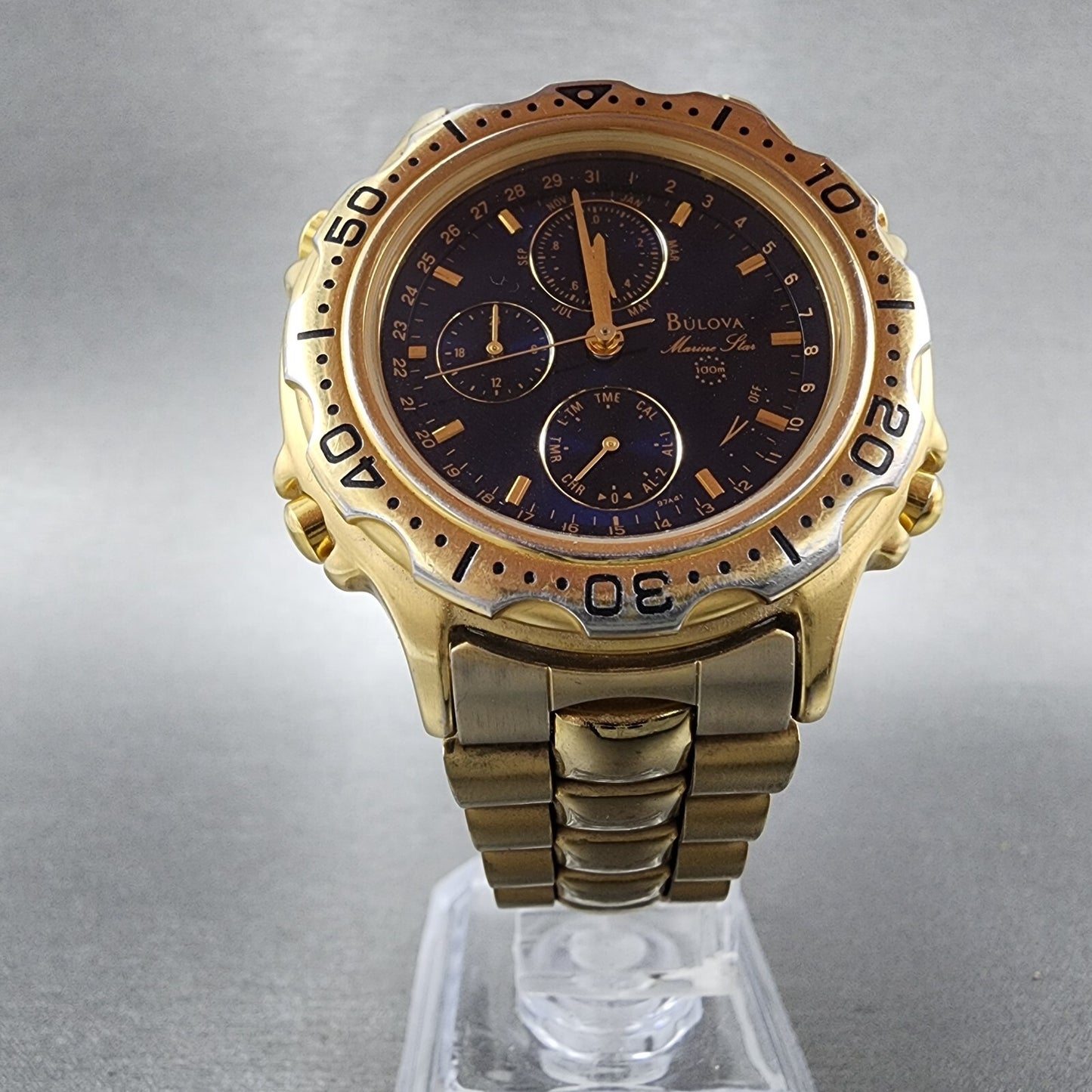Bulova Marine Star Watch Men 38mm Blue Dial Gold Tone Chronograph 97A41 PARTS6