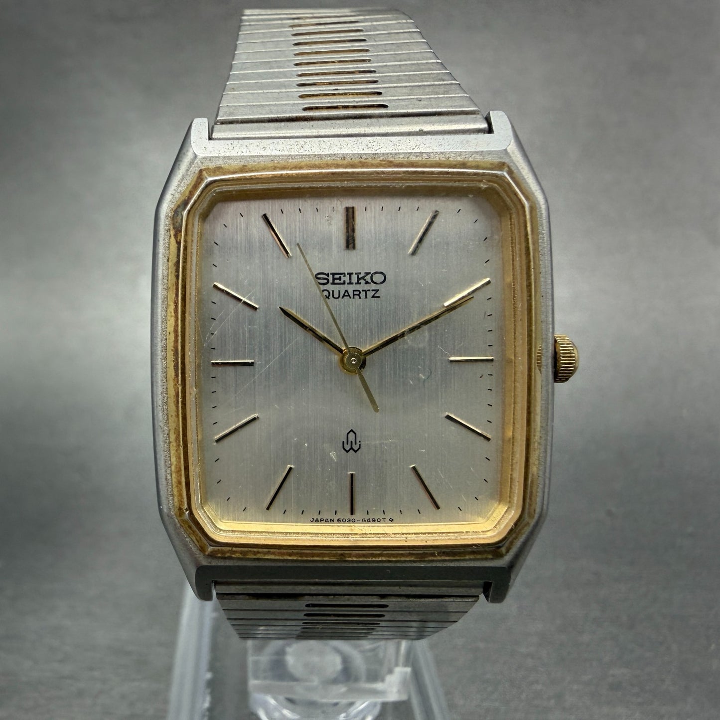 Seiko Tank Watch Men 29mm Silver Dial Two Tone Rectangle 6030-5430 New Battery 20