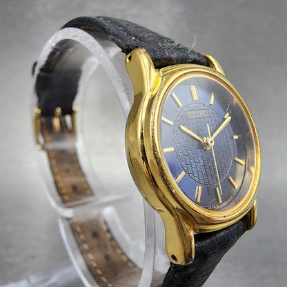 VTG Seiko Watch Women 22mm Blue Dial Gold Tone Round V701-A110 New Battery