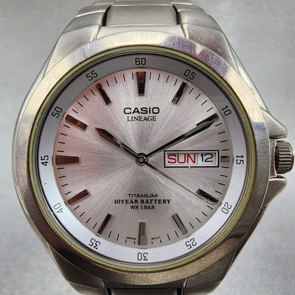 Casio Lineage Titanium Watch Men 38mm Silver Dial Daydate LIN-171J New Battery