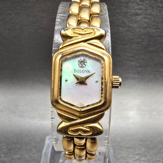 Bulova Watch Women 14mm MOP Dial Gold Hexagon 97S30 New Battery Diamond VTG0