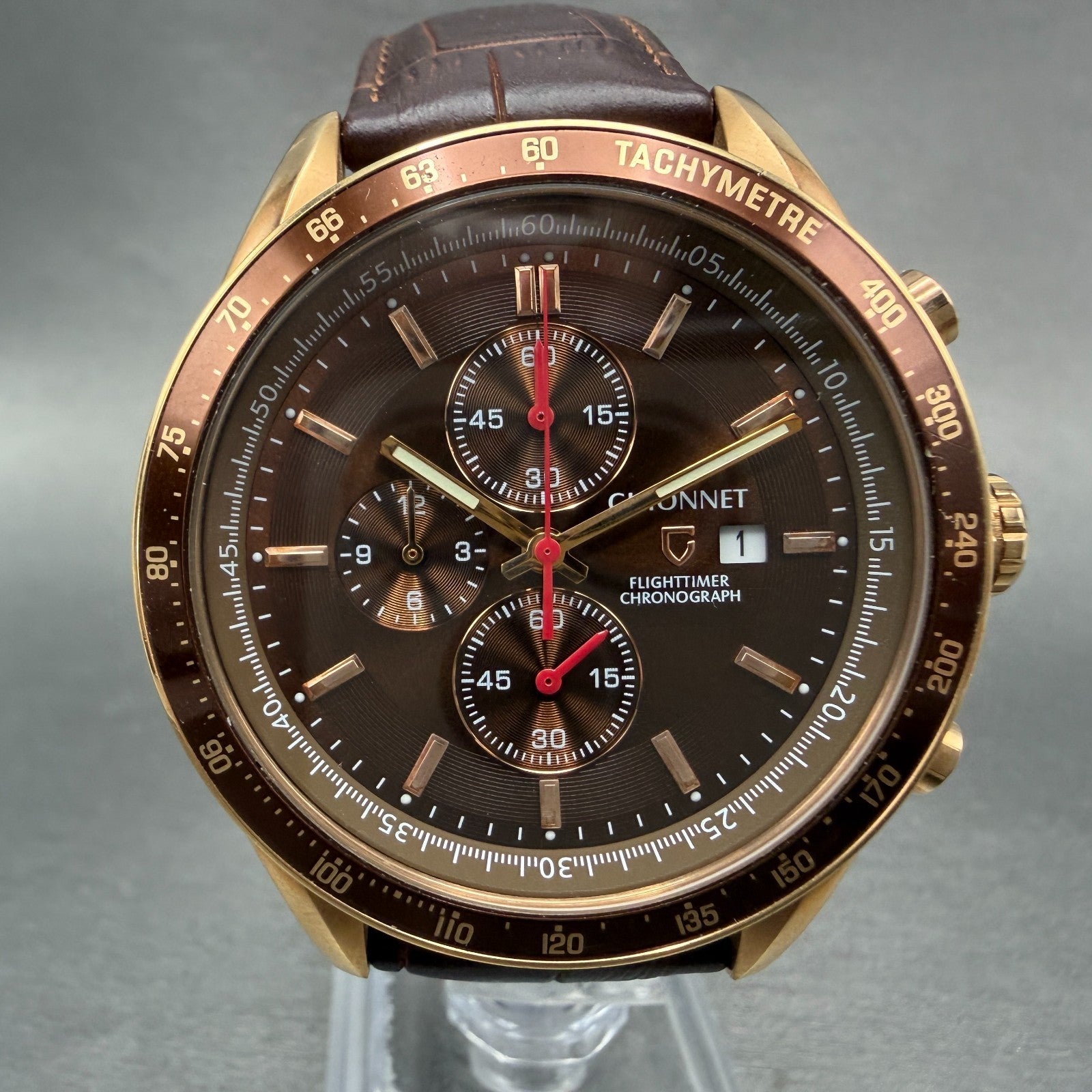 Guionnet Flighttimer Chronograph Watch Men 42mm Brown Dial Rose Gold Date NewBat0