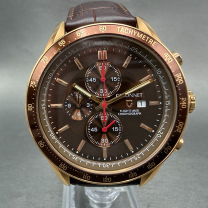 Guionnet Flighttimer Chronograph Watch Men 42mm Brown Dial Rose Gold Date NewBat0