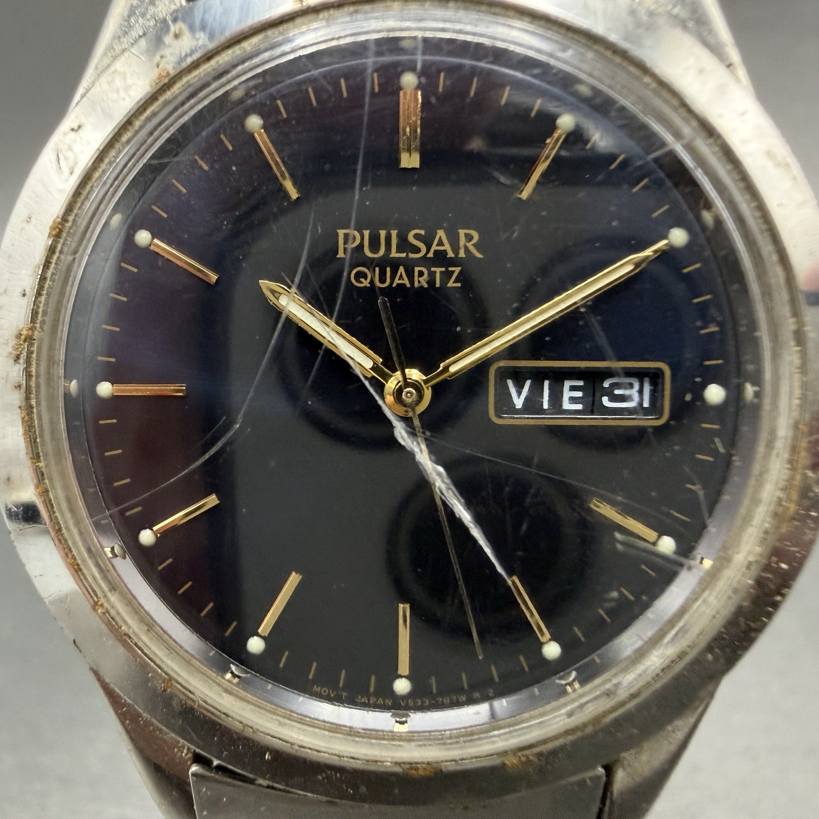 Seiko Pulsar Watch Men 36mm Blue Dial Silver Tone Daydate V533-7A90 New Battery1