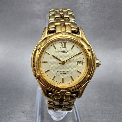 Seiko Watch Women 26mm Champagne Dial Gold Tone Date Round 7n820599 New Battery0
