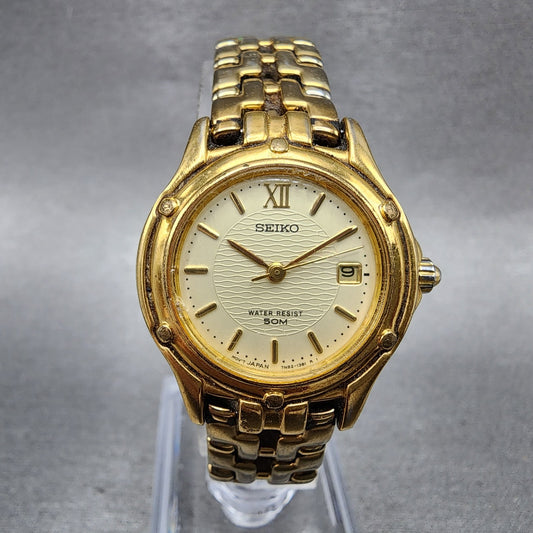Seiko Watch Women 26mm Champagne Dial Gold Tone Date Round 7n820599 New Battery0