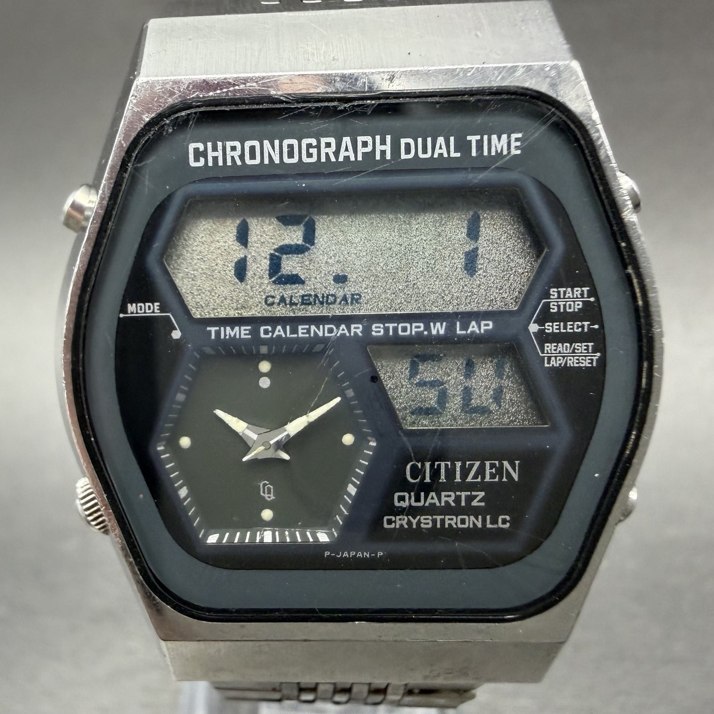 Citizen Analog Digital Watch Men 35mm Black Dial Silver Tone Dual Time New Batt1