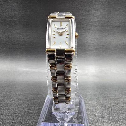 Seiko Watch Women 13mm White Dial Two Tone Rectangle V220-0AB0 New Battery5