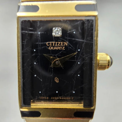 Citizen CQ Watch Women 12mm Black Dial Gold Tone Rectangle 2250-226224 New Batt1