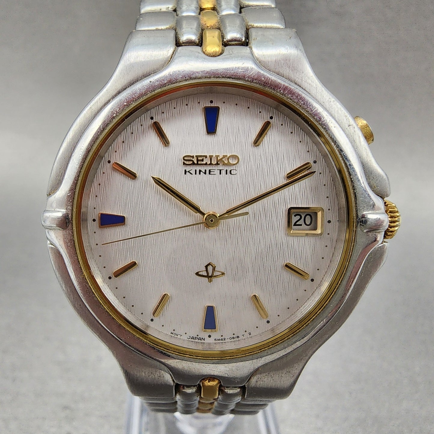 Seiko Kinetic Watch Men 37mm Silver Dial Two Tone Date 5m42-0A69 New Capacitor1