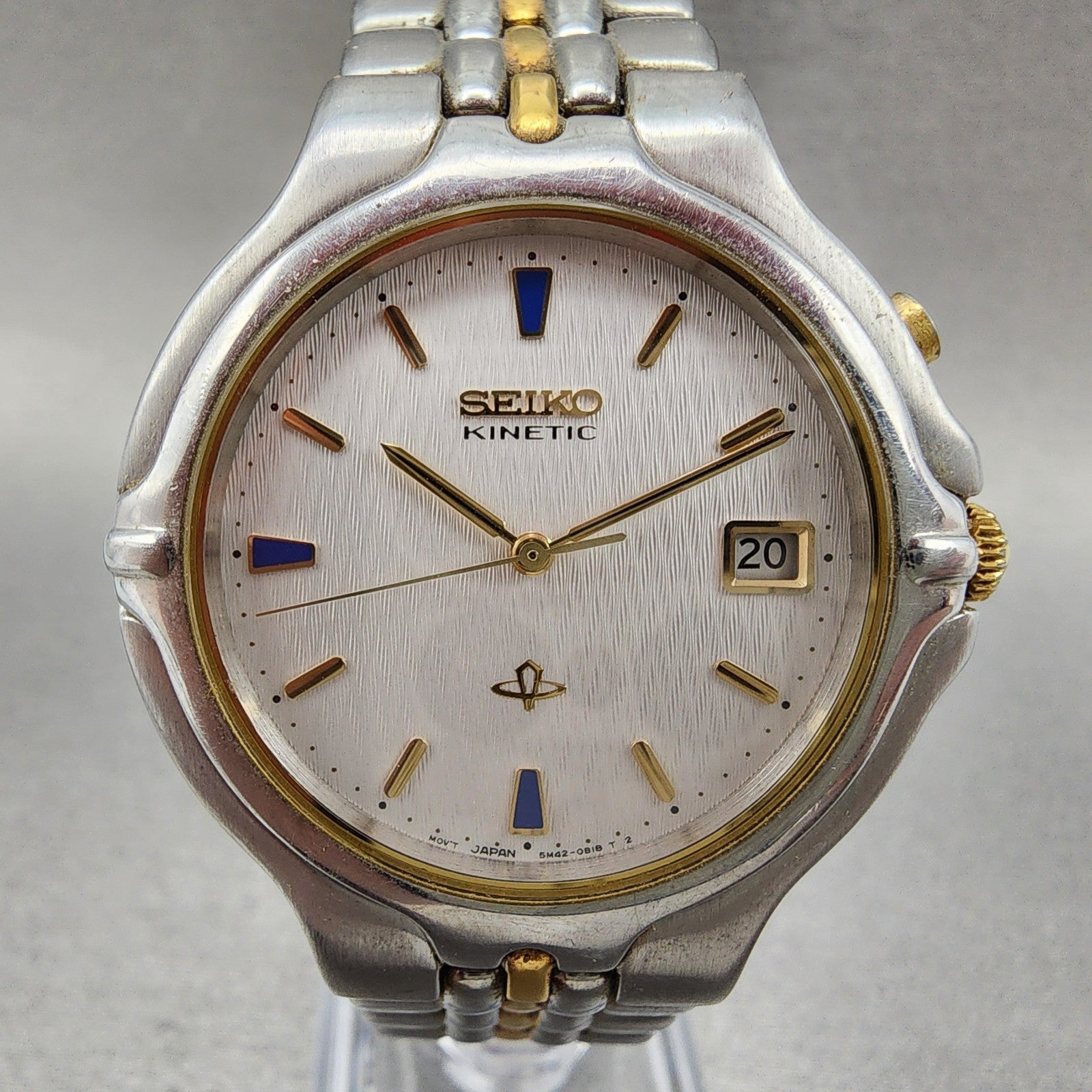 Seiko Kinetic Watch Men 37mm Silver Dial Two Tone Date 5m42-0A69 New Capacitor1