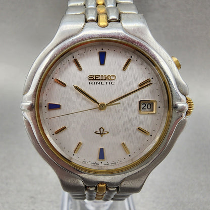 Seiko Kinetic Watch Men 37mm Silver Dial Two Tone Date 5m42-0A69 New Capacitor1