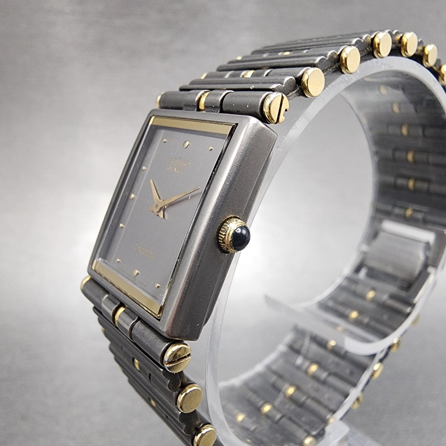 Seiko Exceline Tank Watch Women 18mm Gray Dial Two Tone Rectangle Titanium Runs2