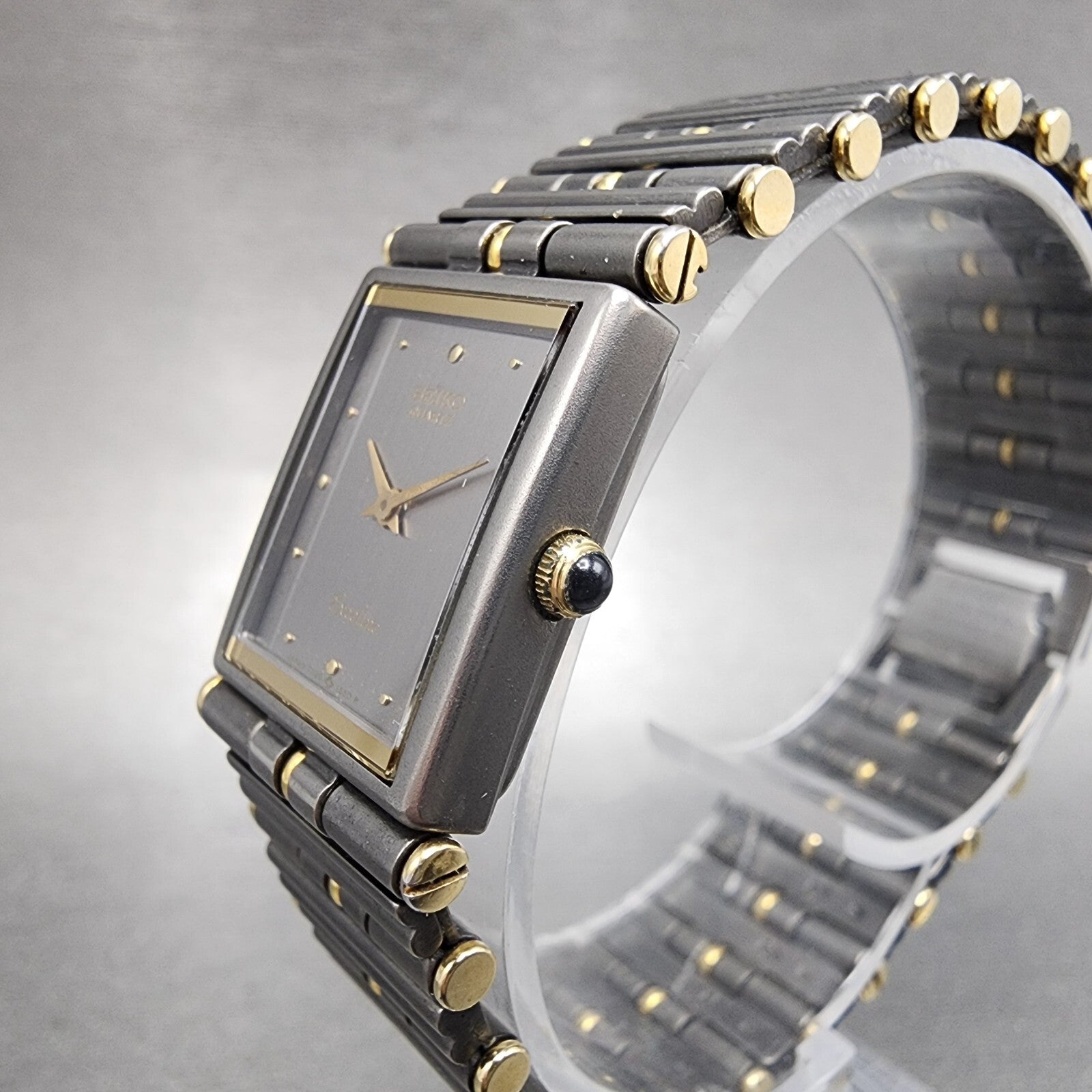 Seiko Exceline Tank Watch Women 18mm Gray Dial Two Tone Rectangle Titanium Runs2