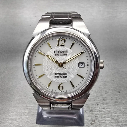 Citizen Eco-Drive Watch Men 36mm White Dial Titanium Date E111-S036461 Works0