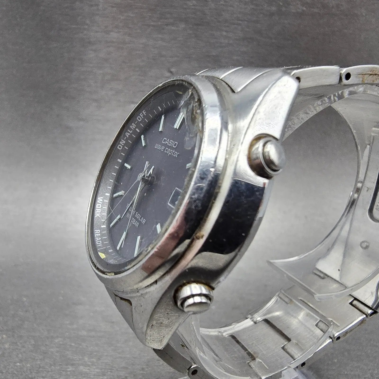 Casio Wave Ceptor Watch Men 39mm Gray Dial Steel Date Round WVQ-110DJ Works2