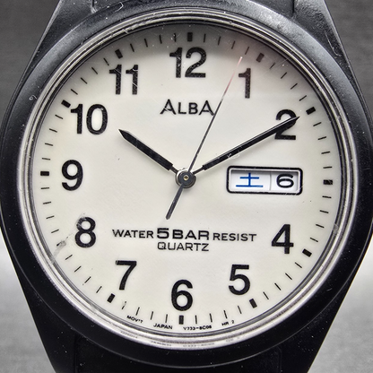 Seiko Alba Watch Men 35mm Ivory Dial Black Tone Daydate Round V733-8A90 New Batt1