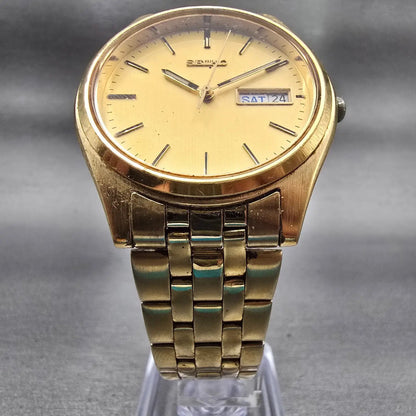 Seiko Watch Men 37mm Gold Dial Gold Tone Daydate Round 7N43-9048 New Battery VTG5