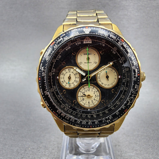 Seiko Flightmaster Chronograph Watch Men 41mm Black Dial Gold Tone READ New Batt