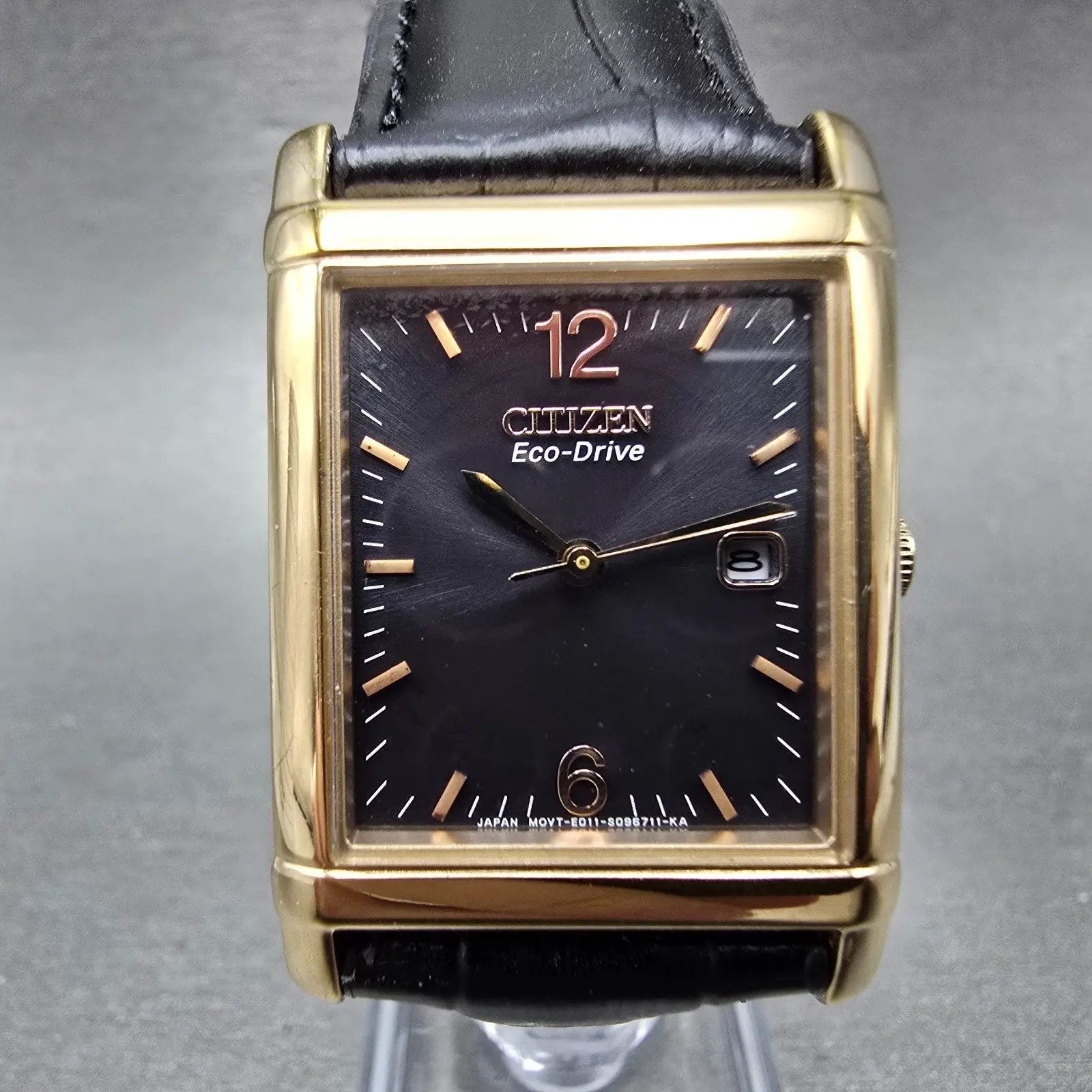 Citizen Eco-Drive Tank Watch Men 25mm Black Dial Rose Gold Tone Date Runs0
