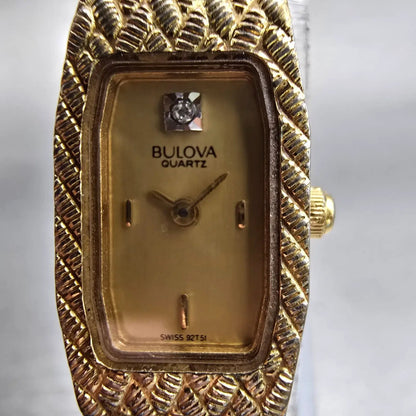Bulova Watch Women 13mm Gold Dial Gold Tone Rectangle New Battery Vintage 92T511