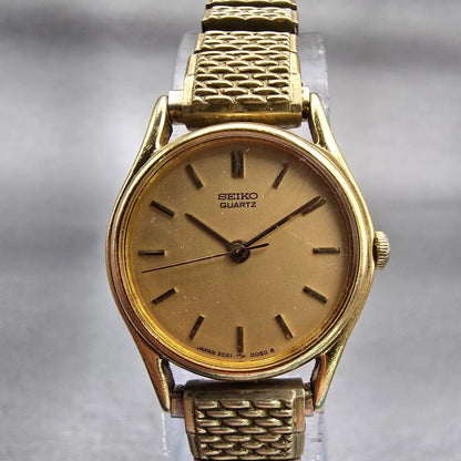 Seiko Watch Women 20mm Gold Dial Gold Tone Round 2C21-0029 New Battery Vintage0
