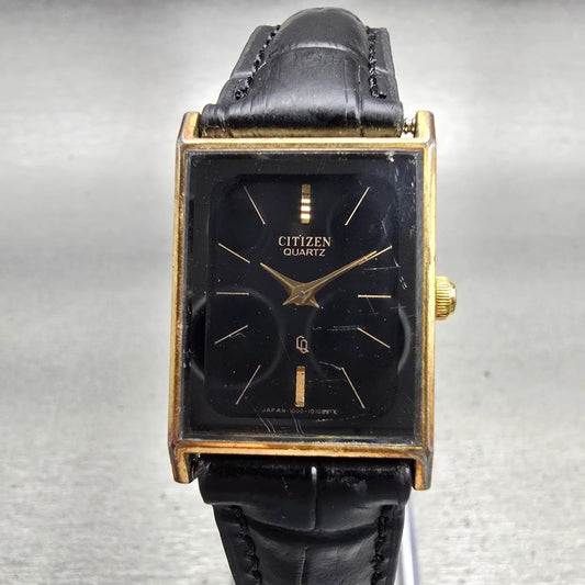 Citizen CQ Watch Men 20mm Black Dial Gold Tone Rectangle 4-101201 New Battery0
