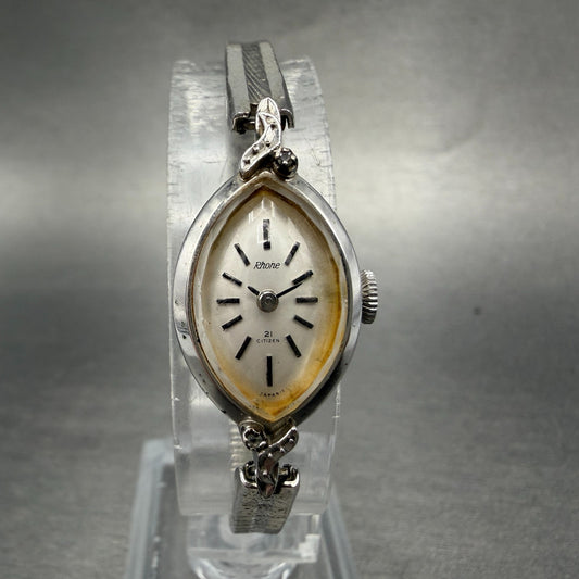 Citizen Rhone Watch Women 15mm Silver Dial White Gold Plated Oval Manual Runs AB0
