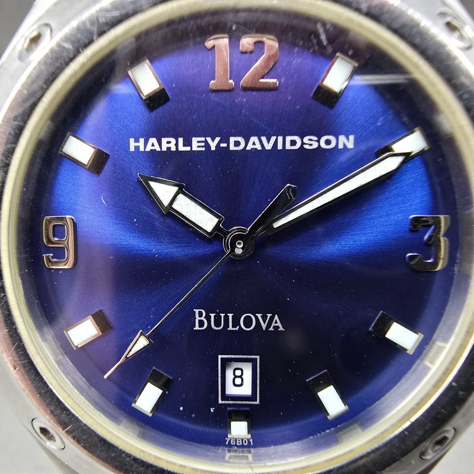 Bulova Harley Davidson Watch Men 40mm Blue Dial Silver Tone Date 76B01 New Batt1