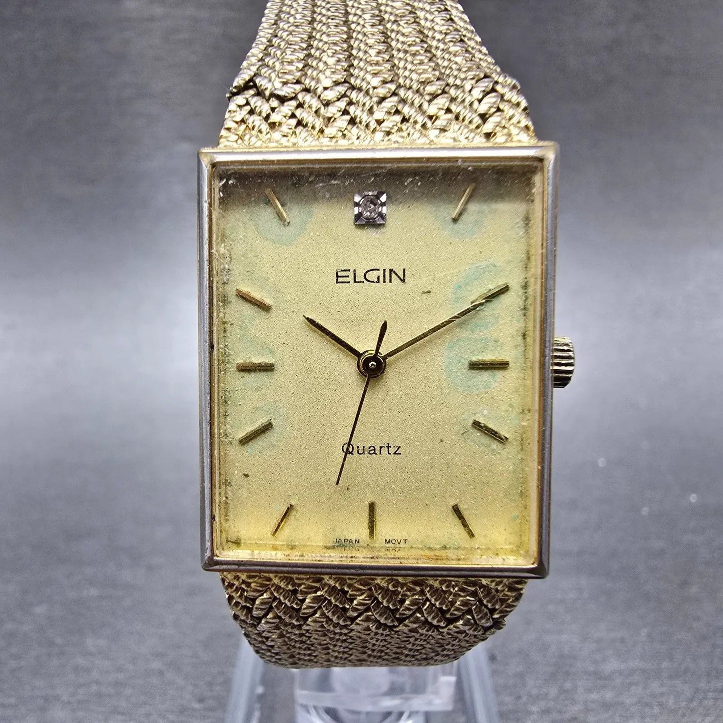 Elgin Tank Watch Men 23mm Champagne Dial Gold Rectangle Mesh Band New battery0