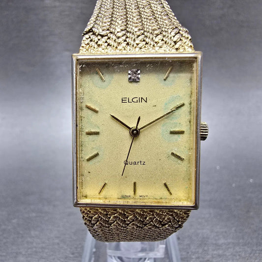 Elgin Tank Watch Men 23mm Champagne Dial Gold Rectangle Mesh Band New battery0