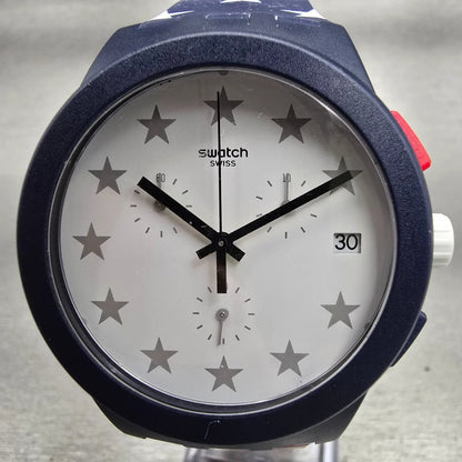 Swatch Free & Brave Chronograph Watch Men White Dial Blue Date SUSZ401 New Batt41