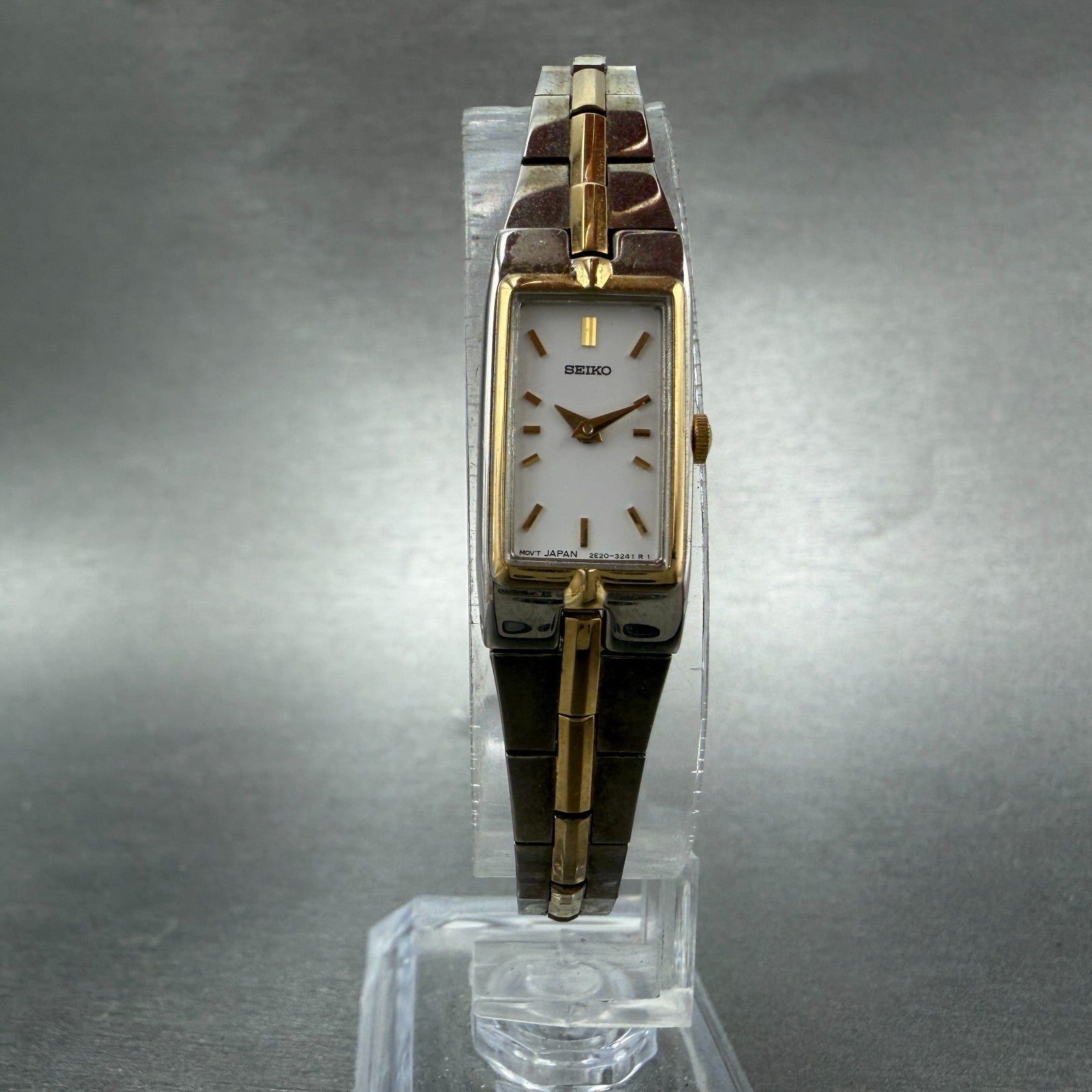 Seiko Watch Women 13mm White Dial Two Tone Rectangle 2E20-7479 New Batt NBT845