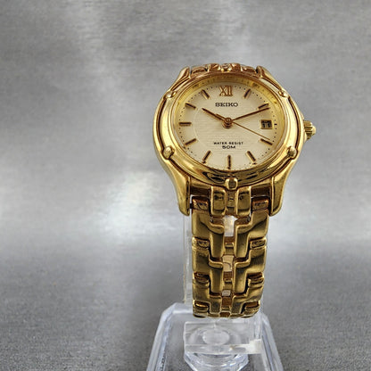Seiko Watch Women 26mm Champagne Dial Gold Tone Date Round 7n820599 New Battery5