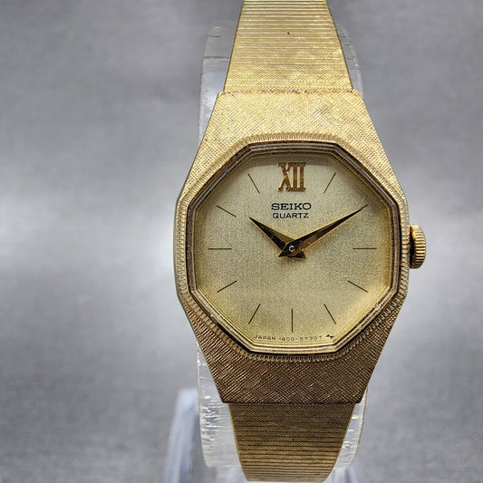 Seiko Watch Women 18mm Champagne Dial Gold Tone Round 14008019 New Battery0