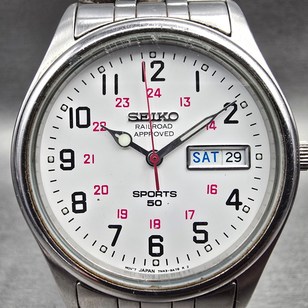Seiko Railroad Approved Watch Men 37mm White Dial Silver Daydate 7N43-9A00 Runs1